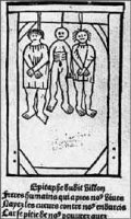 Gravure sur bois illustrant « les trois pendus », de F. VILLON, XV siècle